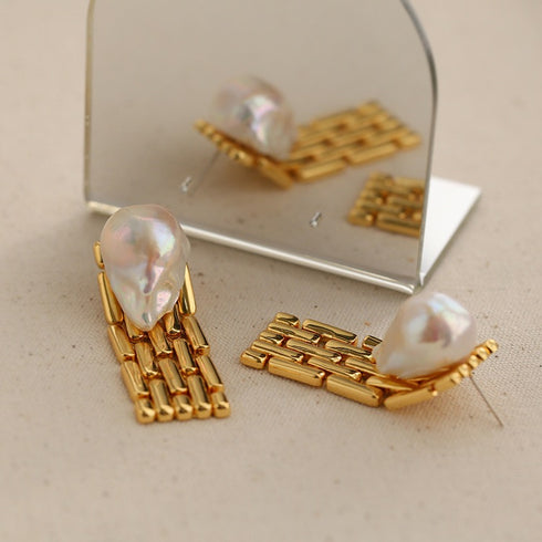 Bold Baroque Pearls Gold Chain Earrings